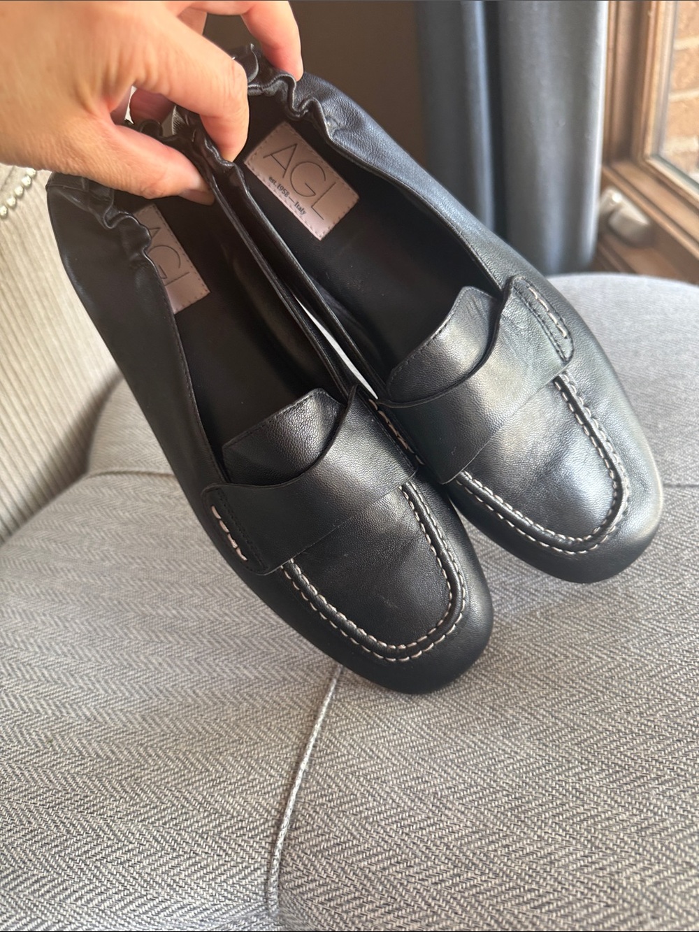 AGL Black Leather Penny Loafers with Contrast Stitching - Picture 6 of 6